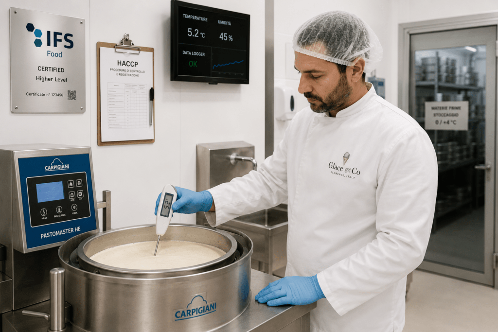 Glacé and Co production staff in IFS-compliant white coat hairnet and gloves checking gelato base temperature with probe thermometer at pasteurisation vessel with HACCP clipboard and IFS certification plaque visible