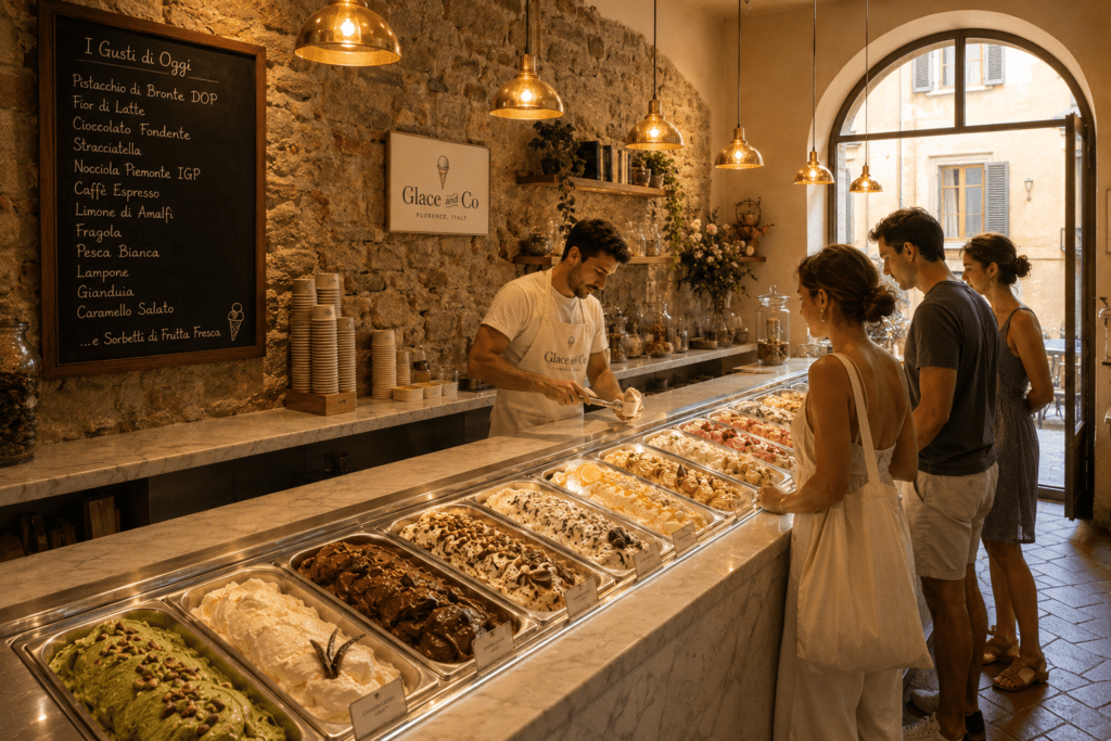 Photorealistic Glacé and Co Florence artisan gelato parlour interior with Carrara marble counter silver gelato pans exposed stone walls terracotta floor brass pendant lights chalkboard menu and customers choosing flavours
