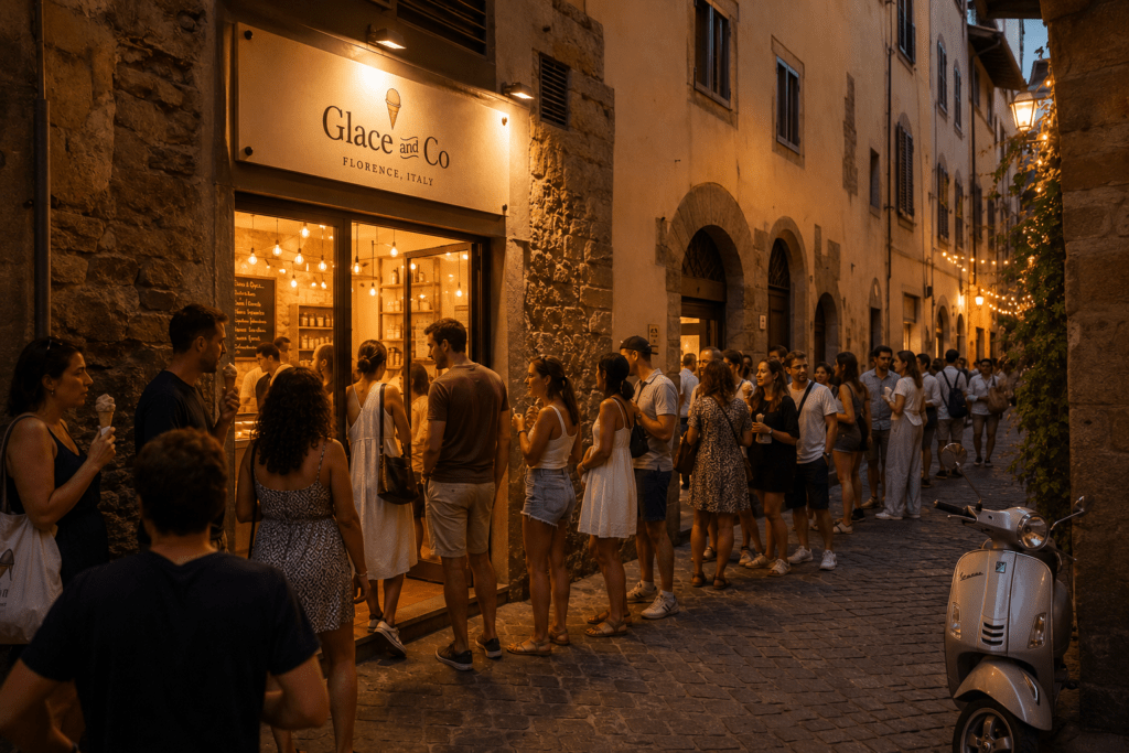Glacé and Co Florence gelato parlour exterior on summer evening with illuminated brass sign sixteen people queuing on cobblestone street couples families and tourists with gelato cones and Vespa parked beside
