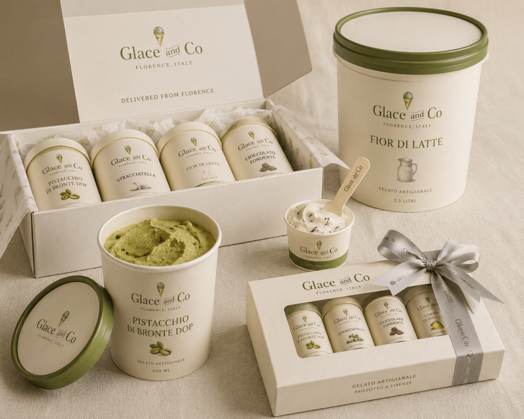 Glacé and Co complete gelato packaging range on ivory linen showing take-home tub with pistachio green label subscription delivery box with four tubs single serve cup with wooden spoon gift set and wholesale tub

