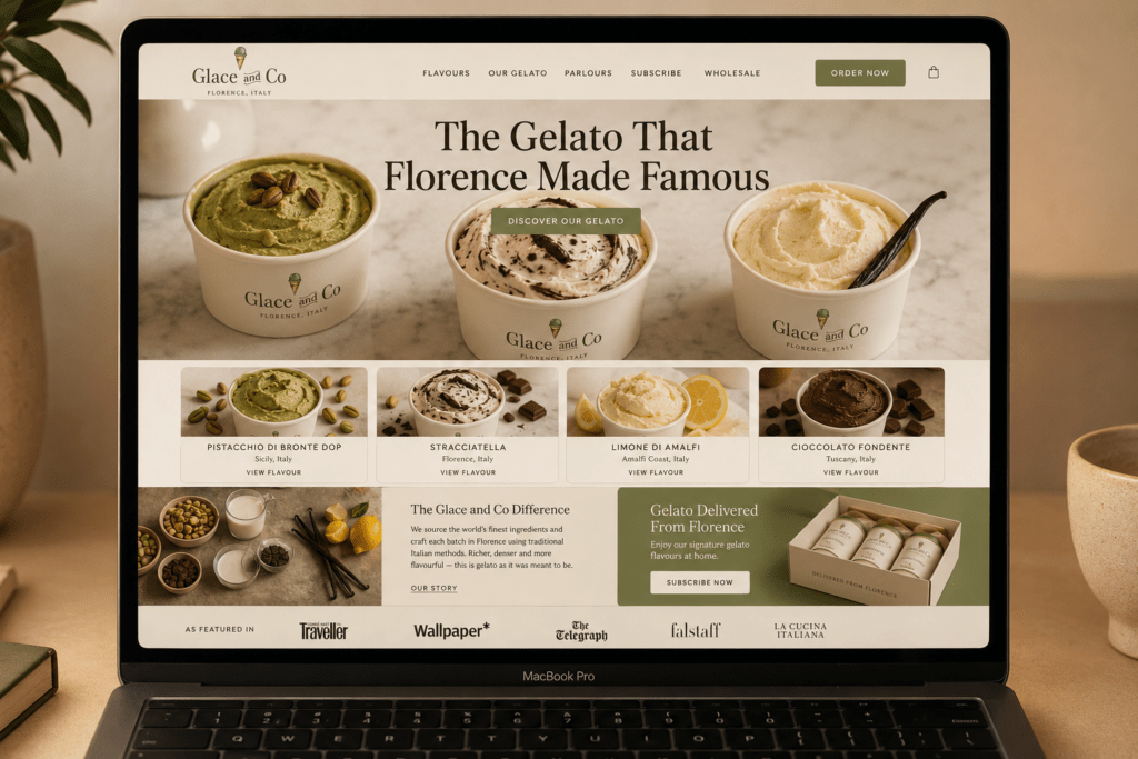 Glacé and Co gelato website homepage on MacBook with warm ivory hero section three gelato flavours overhead shot rounded serif headline four product cards process section and subscription feature in ivory and pistachio green
