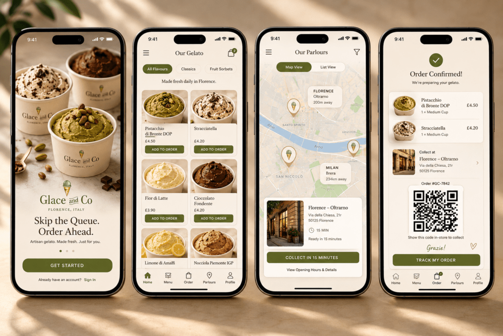 Glacé and Co artisan gelato app on four iPhone screens showing onboarding flavour browsing grid parlour finder map with collection time and order confirmation with QR code in ivory and pistachio green
