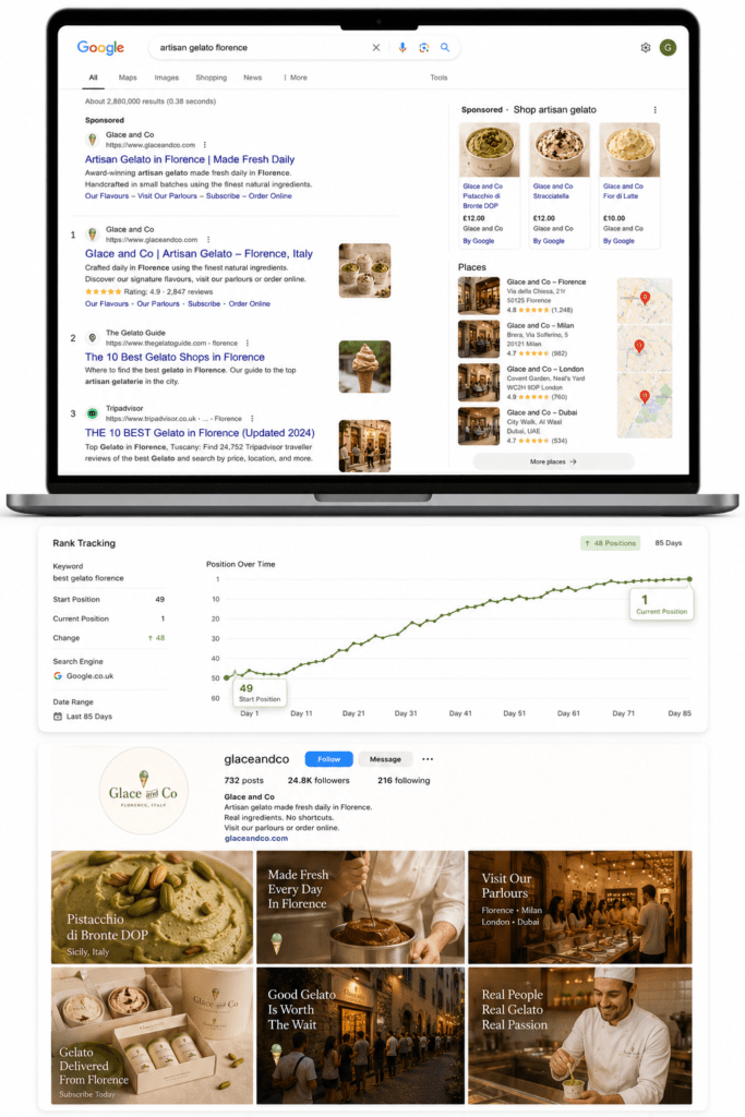 Glacé and Co digital marketing performance mockup showing Google search ads at position one with Shopping panel and four location local pack, rank tracking chart showing improvement from position 49 to position 1 in 85 days, and Instagram six post content grid in ivory and pistachio
