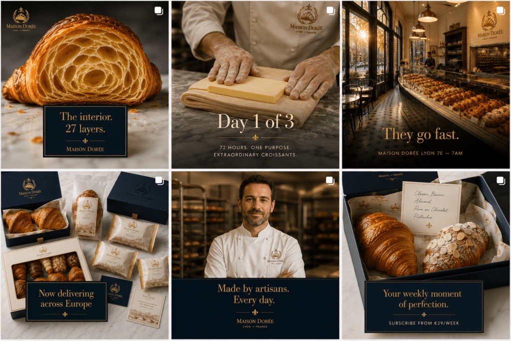 Maison Dorée Instagram six-post content grid showing croissant cross section lamination process café counter packaging range baker portrait and subscription box in navy gold and ivory
