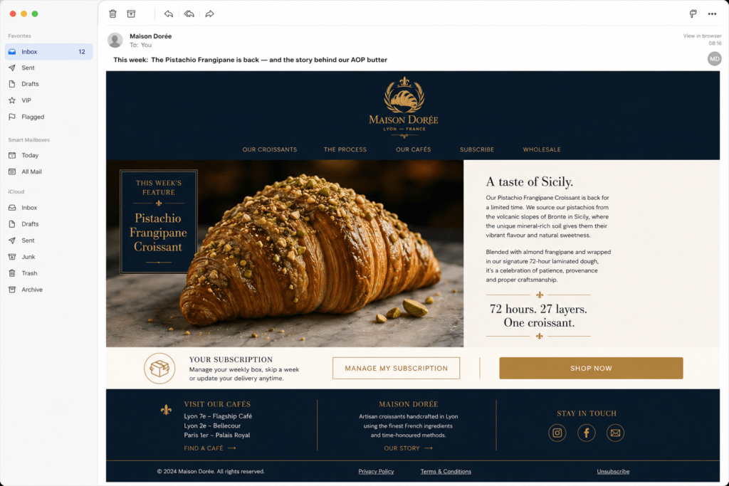 Maison Dorée email newsletter on desktop with navy header and gold logo showing pistachio croissant feature with brand story column AOP butter data point and shop CTA
