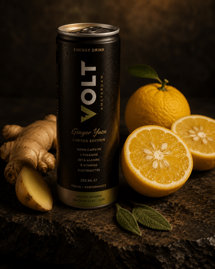 Photorealistic VOLT Ginger Yuzu limited edition energy drink can on dark stone with sage gold forest green design fresh yuzu fruits ginger root and sage leaves in warm amber studio light