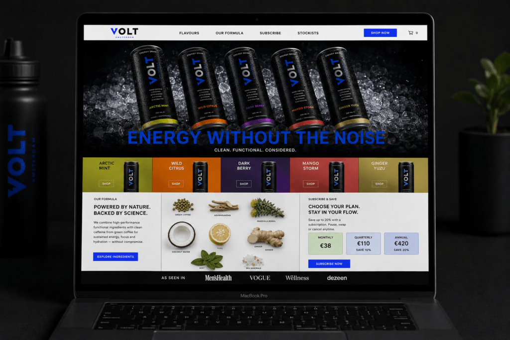 VOLT energy drink website homepage on MacBook with dark obsidian hero section five can lineup on crushed ice cobalt headline five flavour selector cards ingredients transparency section subscription tiers and press bar in cobalt and white