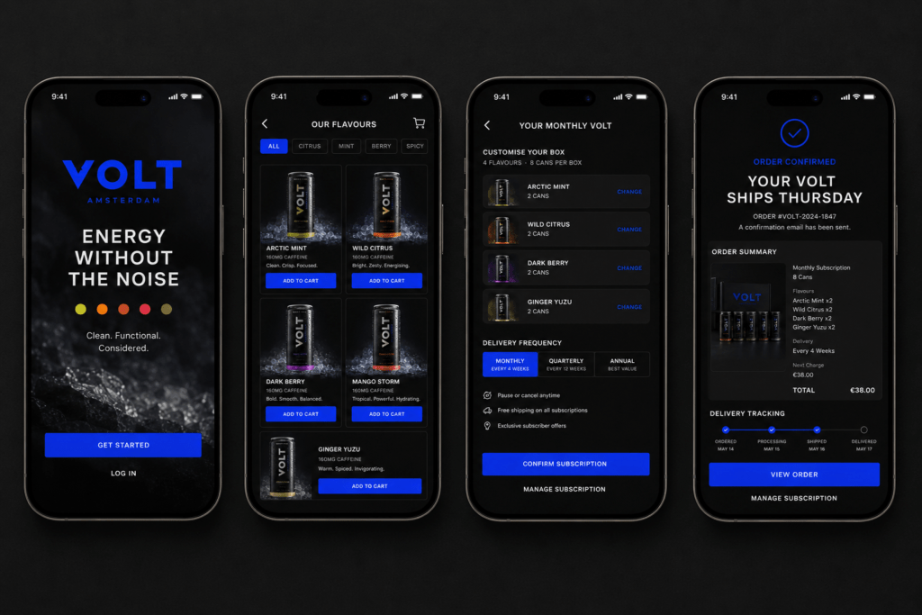 VOLT energy drink app on four iPhone screens showing onboarding flavour shop browsing subscription customisation with four flavour slots and order confirmation with delivery tracking in obsidian and cobalt