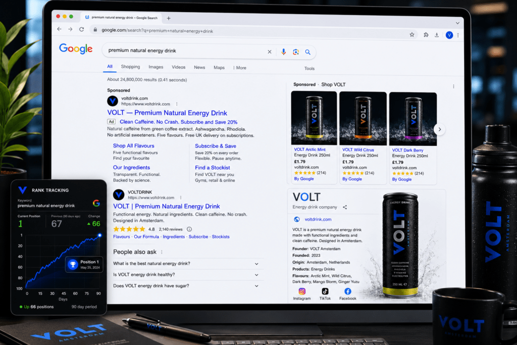 Google search results on desktop showing VOLT paid ads targeting natural energy drink with Shopping panel Knowledge Panel position one organic result five star rating and rank tracking chart showing 90 day improvement to position one