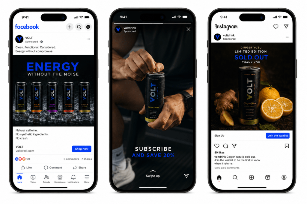 VOLT Meta advertising mockup showing Facebook feed ad with five can lineup Instagram Stories lifestyle ad with subscribe CTA and Instagram feed limited edition sold out waitlist ad in obsidian cobalt and white