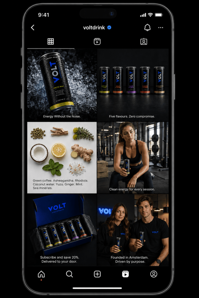 VOLT Instagram six post grid showing Arctic Mint can on ice five can lineup ingredient flat lay gym lifestyle person with can subscription box opening and founders portrait in obsidian cobalt and flavour accents