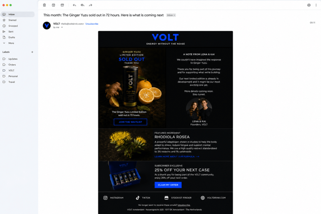 VOLT email newsletter on desktop with obsidian header cobalt logo Ginger Yuzu sold out feature with waitlist CTA founder note rhodiola ingredient section subscriber offer and claim button in obsidian and cobalt