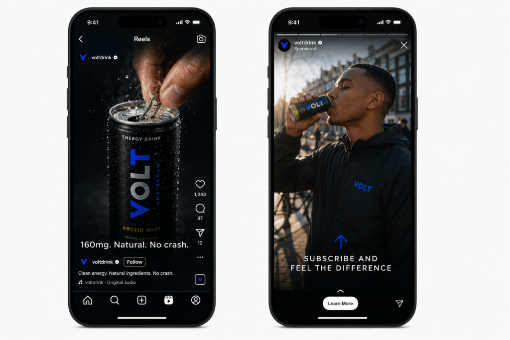 VOLT Instagram Reels mockup showing dramatic can opening with natural caffeine text overlay and Instagram Stories ad showing lifestyle Amsterdam morning scene with subscribe CTA on two iPhone screens