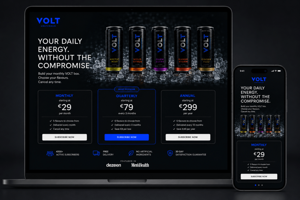 VOLT energy drink subscription landing page on MacBook and iPhone with dark hero five can lineup cobalt headline three subscription tier cards trust signals with subscriber count free delivery and press logos in obsidian and cobalt