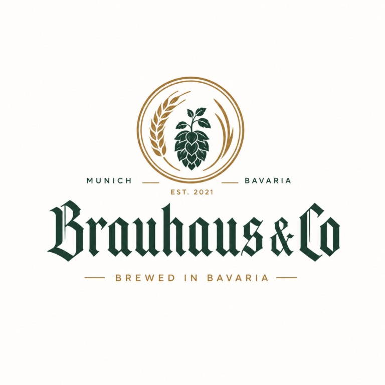 Brauhaus and Co Bavarian forest green and amber gold modern blackletter wordmark with wheat ear and hop cone seal mark for premium craft beer brand Munich Bavaria Germany established 2021