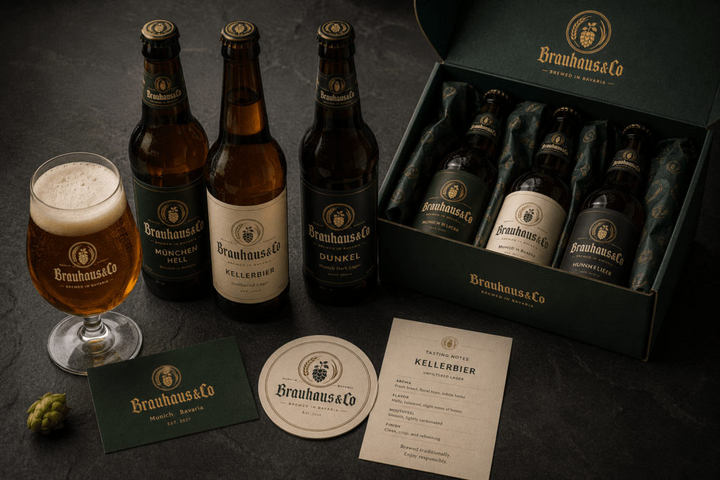  Brauhaus and Co brand identity suite on dark slate showing three labelled beer bottles tulip tasting glass business card branded coaster subscription box with bottles and tasting notes card with fresh hop cone