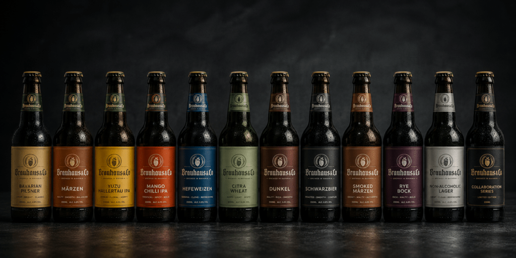 Twelve Brauhaus and Co craft beer bottles in precise lineup on dark slate showing distinct label colour systems for Pilsner Märzen Yuzu IPA Mango IPA Hefeweizen Wheat Dunkel Schwarzbier Smoked Märzen Rye Bock Non-Alcoholic and Collaboration series with condensation
