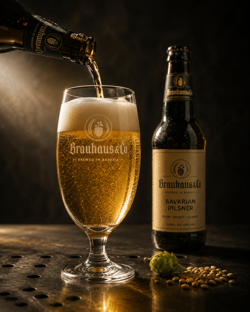 Photorealistic Brauhaus and Co Bavarian Pilsner being poured into branded tulip glass showing brilliant pale gold colour perfect white foam head fine carbonation and dramatic single side light with hop cone and malt grain on dark surface
