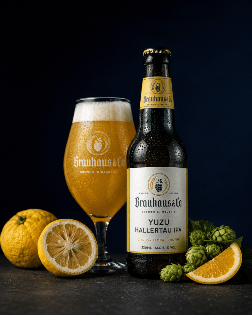 Photorealistic Brauhaus and Co Yuzu Hallertau IPA bottle and tulip glass on dark surface with fresh yuzu fruits halved Hallertau hop cones orange slice condensation and dramatic cool side lighting