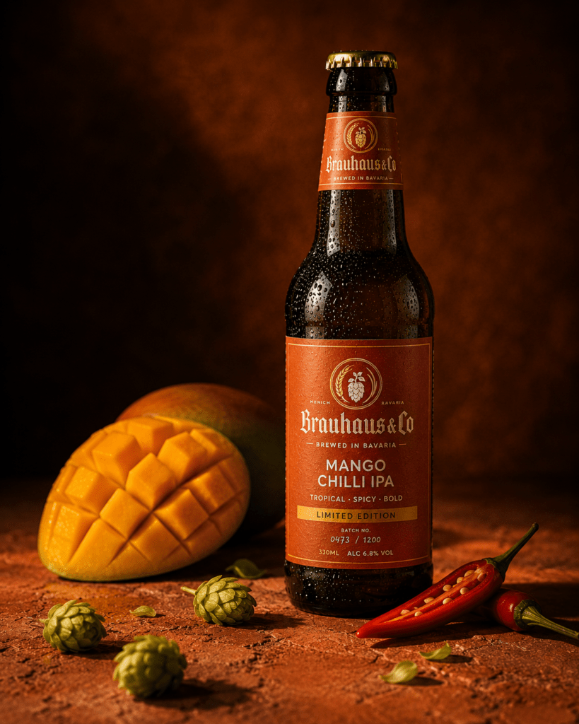 Photorealistic Brauhaus and Co Mango Chilli IPA limited edition bottle on warm terracotta surface with halved fresh mango red chilli pepper split open hop cones condensation and dramatic warm amber lighting