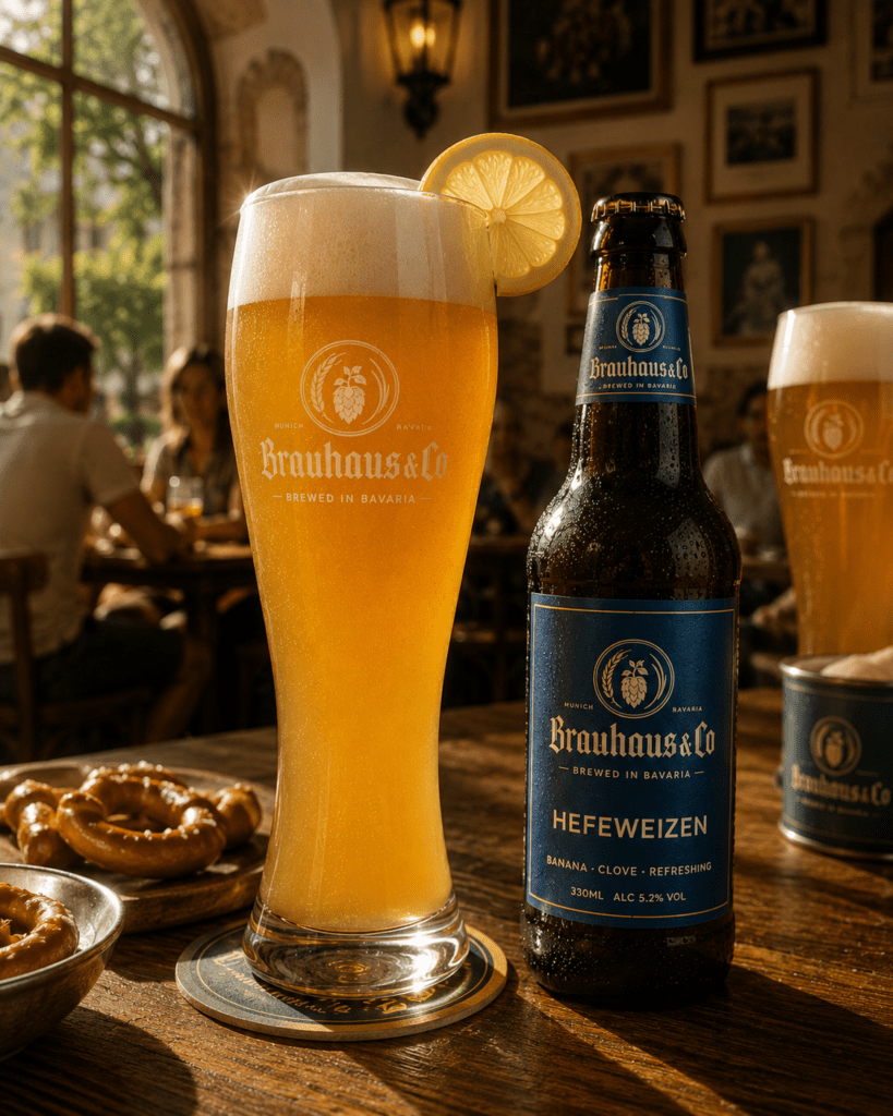 Photorealistic Brauhaus and Co Hefeweizen in traditional tall Weizen glass showing hazy pale gold colour pillowy white foam head and lemon slice with branded bottle and warm afternoon taproom window light