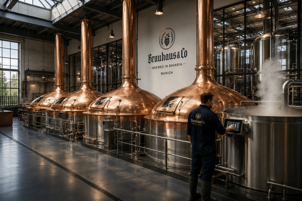 Photorealistic Brauhaus and Co Munich brewery interior with four copper-clad brew kettles stainless steel mash tun with steam master brewer Jonas checking temperature and fermentation tanks through glass partition in natural daylight