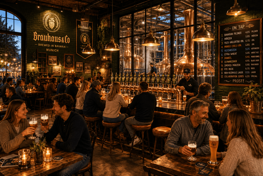 Photorealistic Brauhaus and Co Munich taproom with forest green exposed brick twelve copper brass tap bank dark slate bar brewery visible through glass partition brass pendant lights timber tables drinkers with glasses and chalkboard beer list