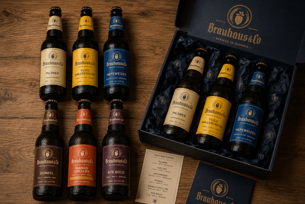 Brauhaus and Co craft beer label design range on oak showing six bottles with distinct colour band labels for Pilsner Yuzu IPA Hefeweizen Dunkel Mango IPA and Rye Bock alongside open subscription gift box with branded tissue and tasting notes