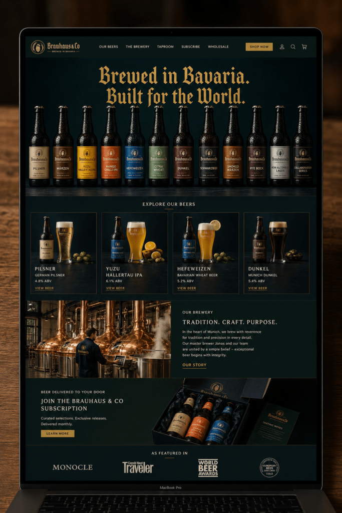 Brauhaus and Co craft beer website homepage on MacBook with forest green dark hero bottle lineup photography amber gold headline four featured beer cards brewery process section subscription feature and press logos in green and gold