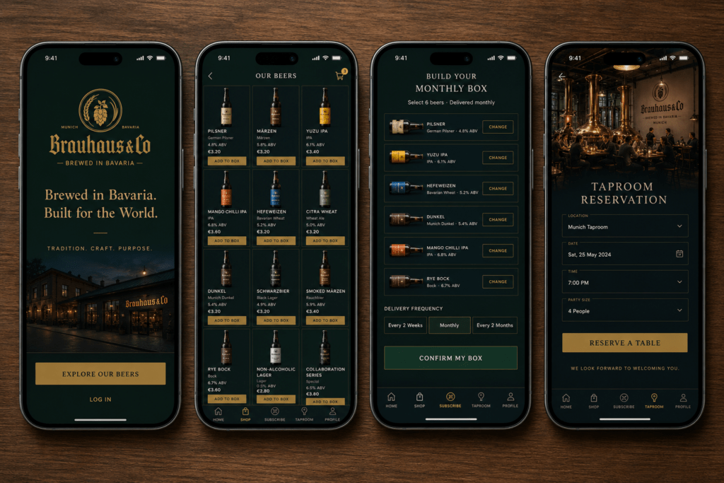 Brauhaus and Co craft beer app on four iPhone screens showing onboarding beer browsing grid subscription box curation with six slots and taproom reservation booking in forest green amber gold and dark navy