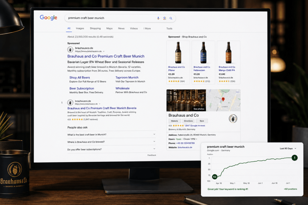 Google search results showing Brauhaus and Co paid ads for craft beer Munich with Shopping panel Knowledge Panel position one organic result five star rating and rank tracking chart showing 90 day improvement to position one