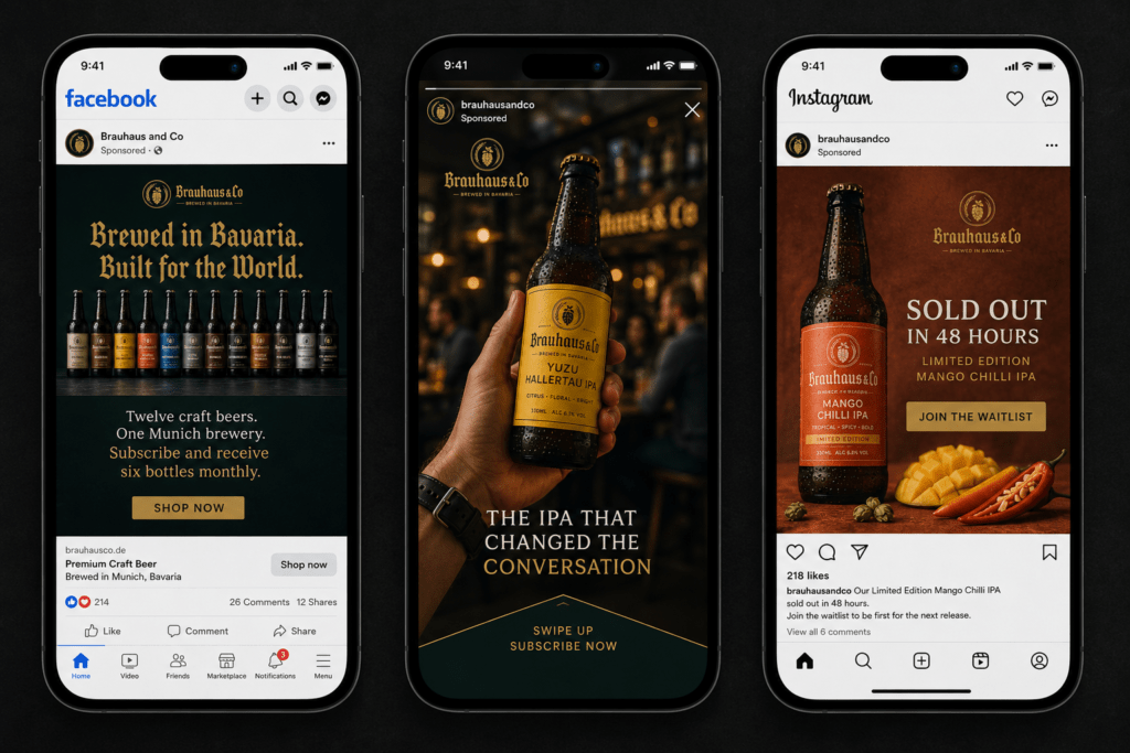 Brauhaus and Co Meta ad mockup showing Facebook feed twelve bottle lineup with subscribe CTA Instagram Stories Yuzu IPA taproom lifestyle with subscribe swipe-up and Instagram feed Mango Chilli IPA sold out waitlist ad on three phone screens