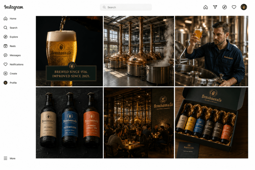 Brauhaus and Co Instagram six post grid showing Pilsner pour hero copper brewery kettles Jonas examining IPA sample three bottle lineup taproom evening atmosphere and open subscription box in forest green amber gold and navy