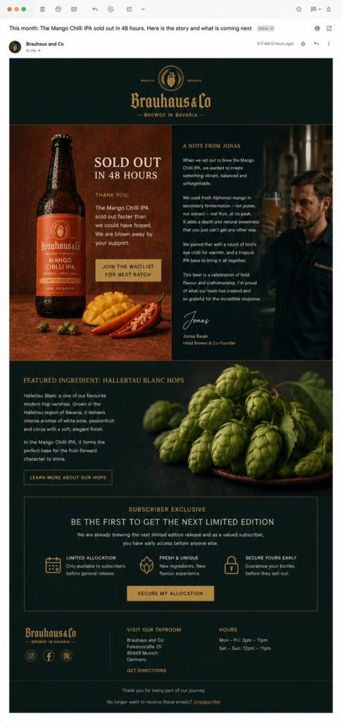 Brauhaus and Co email newsletter on desktop with forest green header amber gold crest Mango Chilli IPA sold out feature with waitlist CTA Jonas personal note on brewing process Hallertau hop feature and subscriber pre-sale allocation CTA