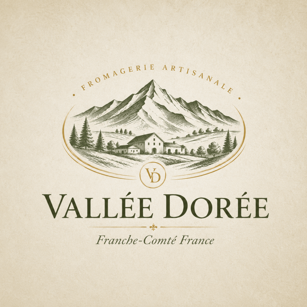 Vallée Dorée alpine green and burnished gold traditional French serif logo with Jura mountain valley mark for premium artisan cheese and dairy brand Franche-Comté France