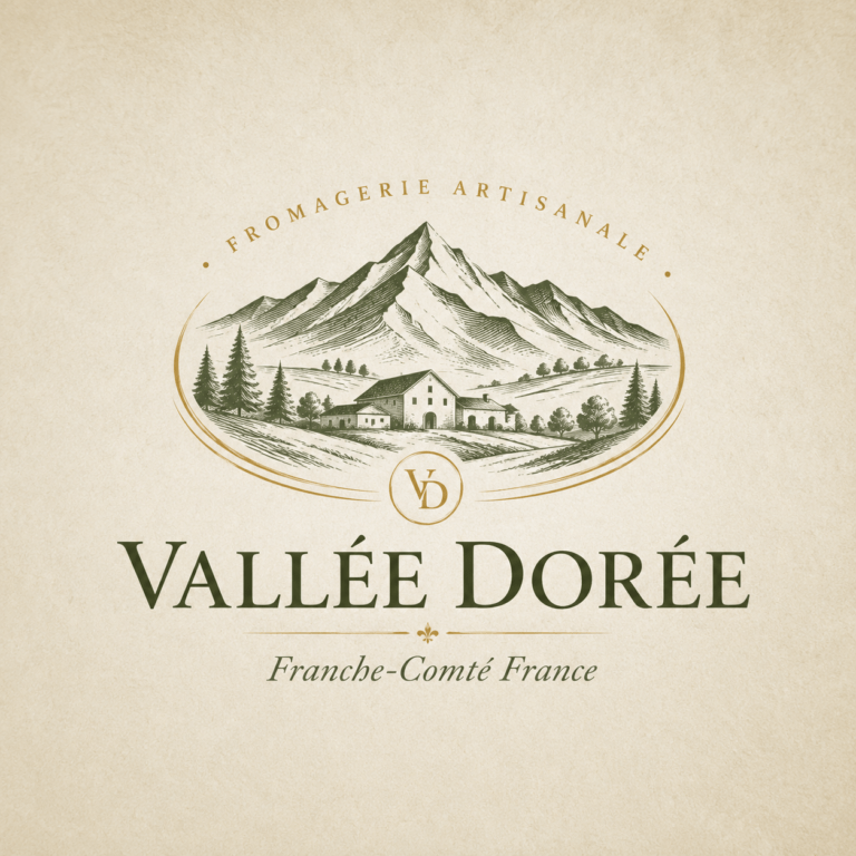 Vallée Dorée alpine green and burnished gold traditional French serif logo with Jura mountain valley mark for premium artisan cheese and dairy brand Franche-Comté France