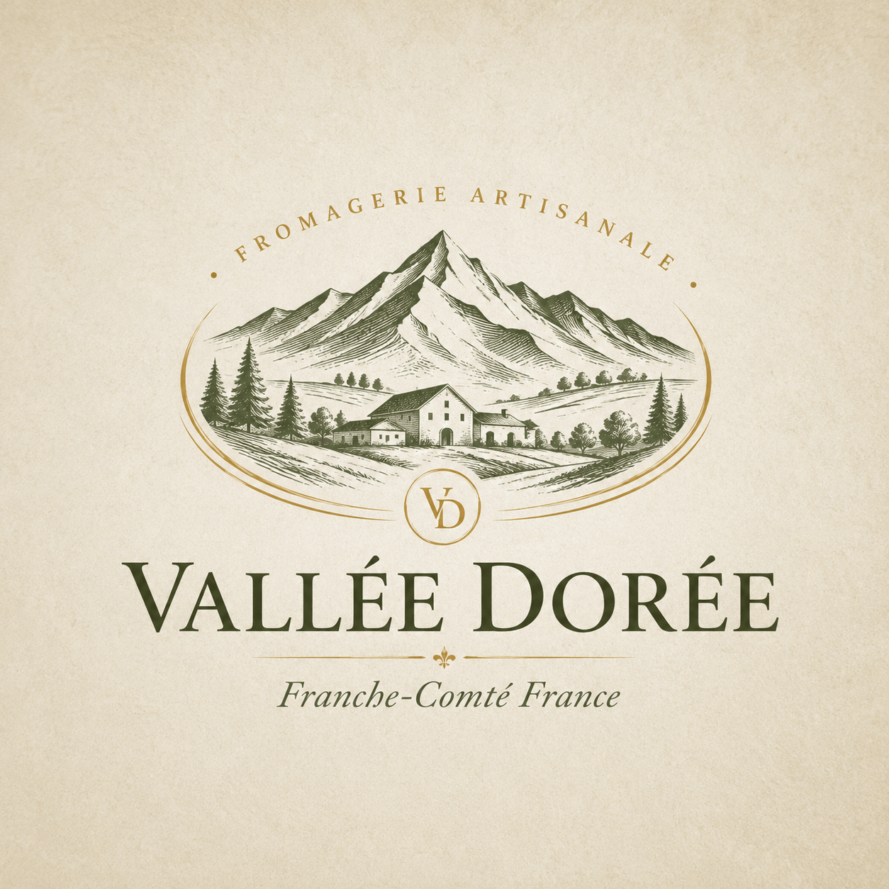 Vallée Dorée alpine green and burnished gold traditional French serif logo with Jura mountain valley mark for premium artisan cheese and dairy brand Franche-Comté France