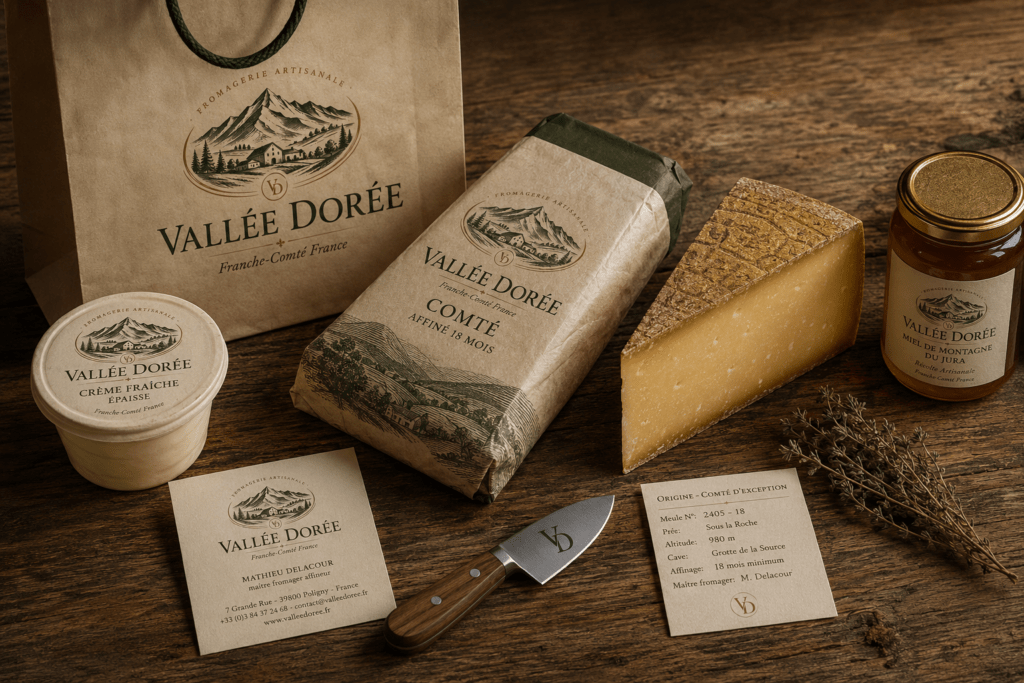 Vallée Dorée brand identity suite on aged oak showing wax paper wrapped Comté wedge with interior texture visible business card branded cheese knife fromagerie bag origin card crème fraîche pot alpine thyme and Jura honey