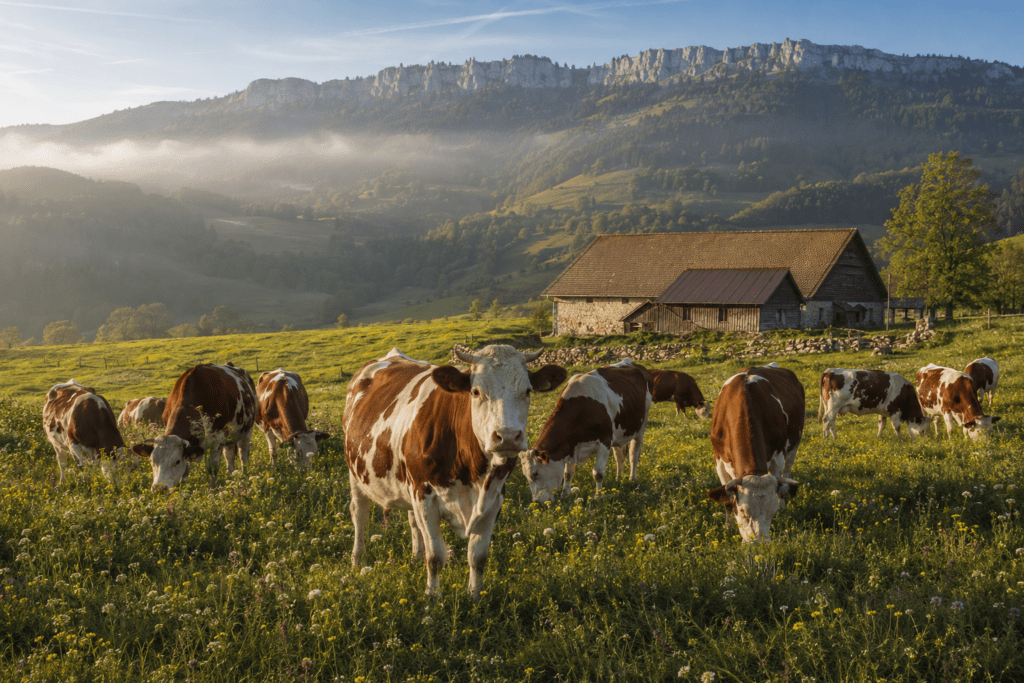 Photorealistic herd of Montbéliarde cattle grazing flower-rich alpine meadow in the Jura mountains of Franche-Comté France with mountain ridgeline traditional farmhouse and soft morning light