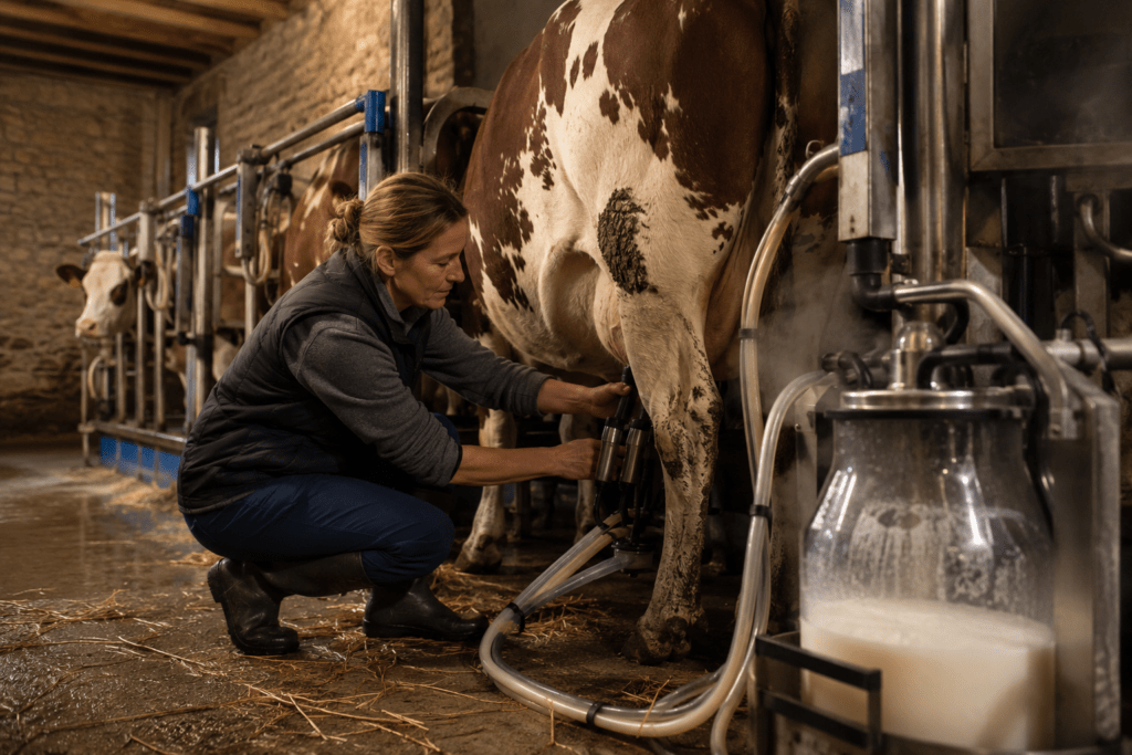  Photorealistic Vallée Dorée farmer attaching milking equipment to Montbéliarde cow in traditional stone barn at early morning with amber barn light fresh milk flowing in tubes and steam visible