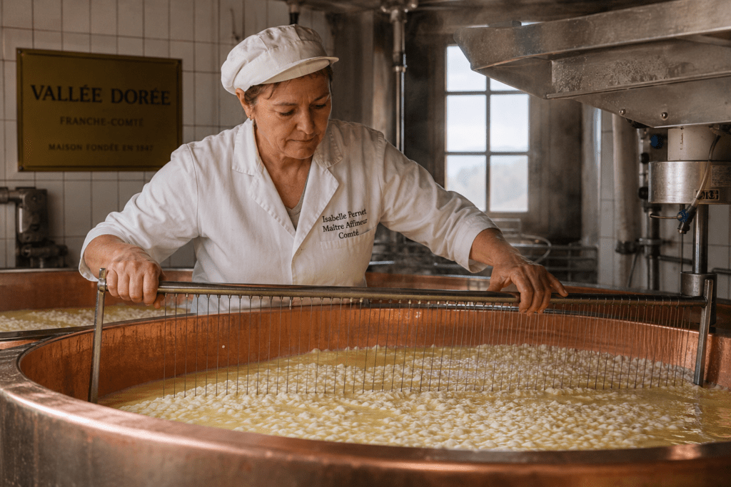 Photorealistic Vallée Dorée master affineur Isabelle Pernet in white cheesemaking coat cutting fresh cheese curds with cheese harp in traditional copper-lined creamery vat with steam and natural window light