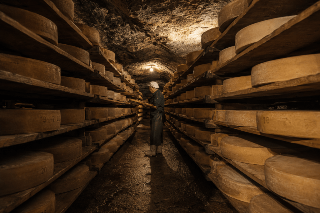 Photorealistic rows of Vallée Dorée Comté cheese wheels in various ageing stages on spruce boards in traditional Jura limestone cave with natural condensation on walls affineur turning wheels and single overhead light