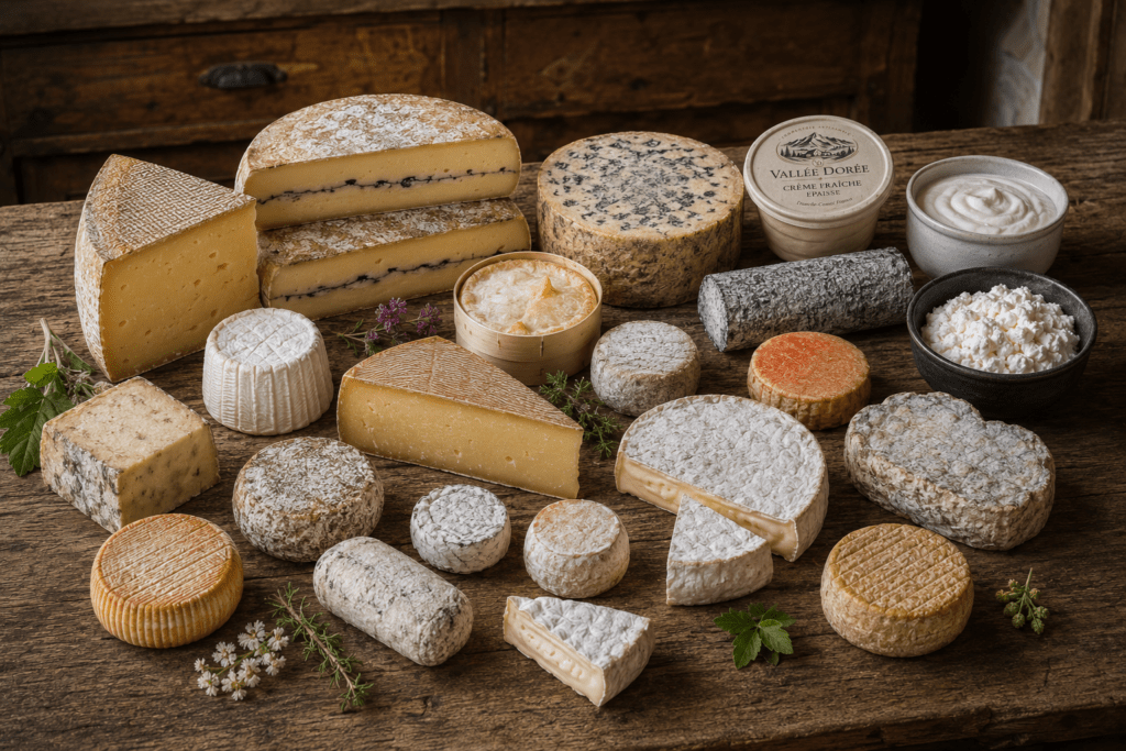 Twenty-four Vallée Dorée artisan French cheese and dairy varieties on aged oak farmhouse table including Comté Morbier Bleu de Gex fresh chèvre Mont d'Or crème fraîche fromage blanc Munster and Tomme varieties