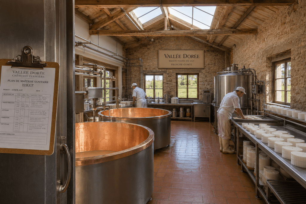 Photorealistic Vallée Dorée farmstead creamery interior in Franche-Comté with traditional copper vats stainless steel drainage benches pasteurisation vessel original stone walls terracotta floor and two cheesemakers in white coats