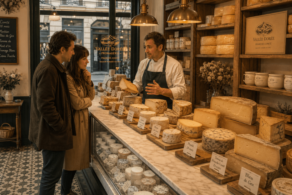 Photorealistic Vallée Dorée Paris fromagerie interior in the Marais with marble counter full cheese range on wooden boards handwritten origin cards aged wood shelving brass pendant lights cement tile floor and cheese expert with customers