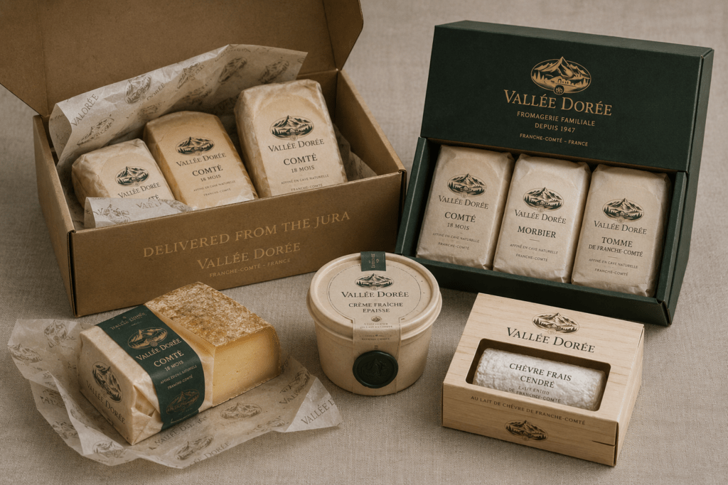 Vallée Dorée complete packaging range on aged linen showing wax paper Comté wedge with amber interior crème fraîche ceramic pot chèvre wooden box three cheese gift box and open subscription delivery box with branded tissue