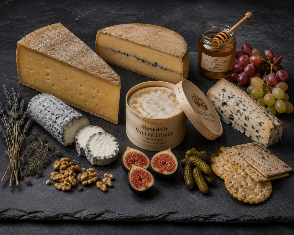 Photorealistic Vallée Dorée styled cheese board on dark slate showing aged Comté wedge with crystalline interior Morbier with ash line fresh chèvre log Mont d'Or in spruce box blue cheese with Jura honey grapes walnuts figs and artisan crackers