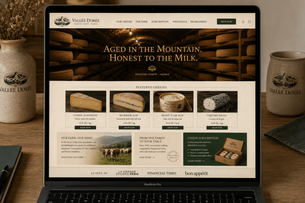  Vallée Dorée cheese and dairy website homepage on MacBook with alpine green cave ageing hero photography gold serif headline four featured product cards farm provenance section subscription feature and press logos in parchment and green