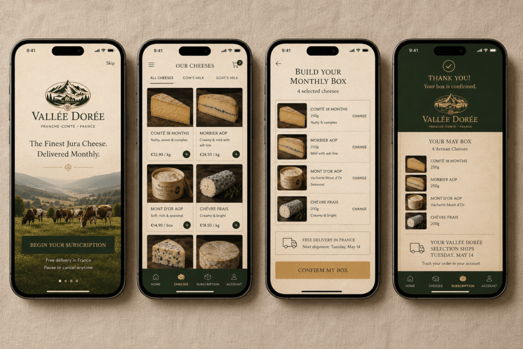 Vallée Dorée cheese app on four iPhone screens showing onboarding product browsing subscription box curation with four cheese slots and order confirmation in alpine green parchment and gold