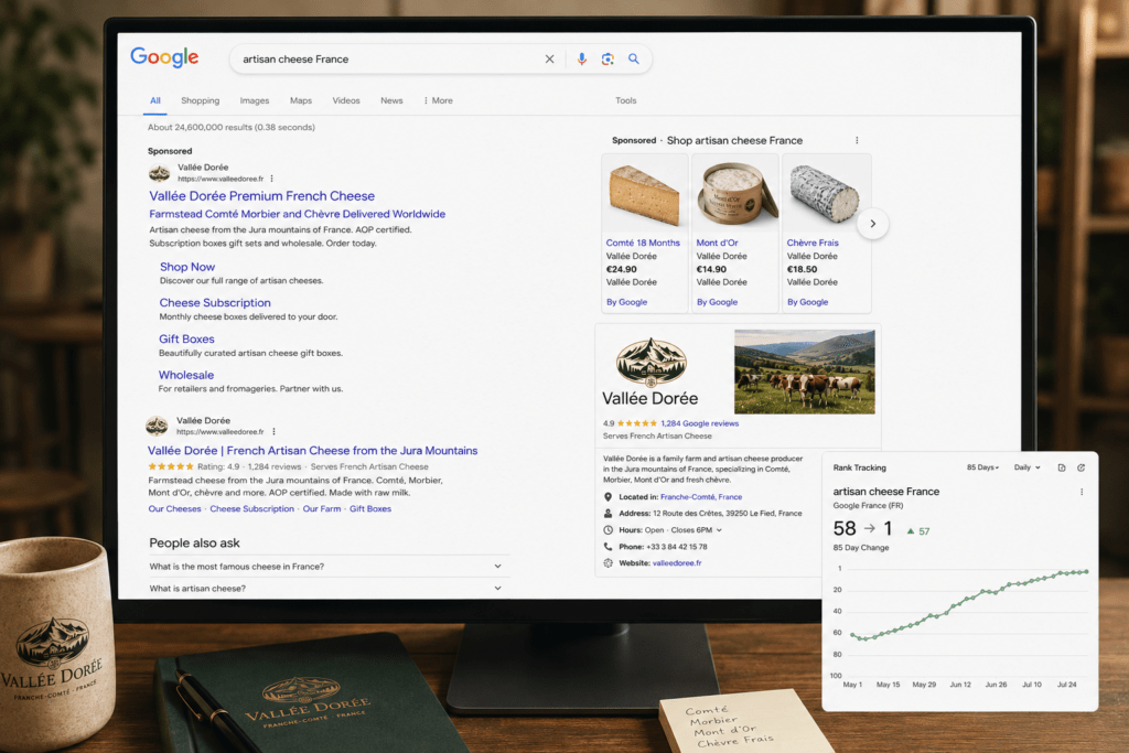 Google search results on desktop showing Vallée Dorée paid ads targeting artisan cheese France with Shopping panel Knowledge Panel position one organic with five star rating and rank tracking chart showing 85 day improvement to position one